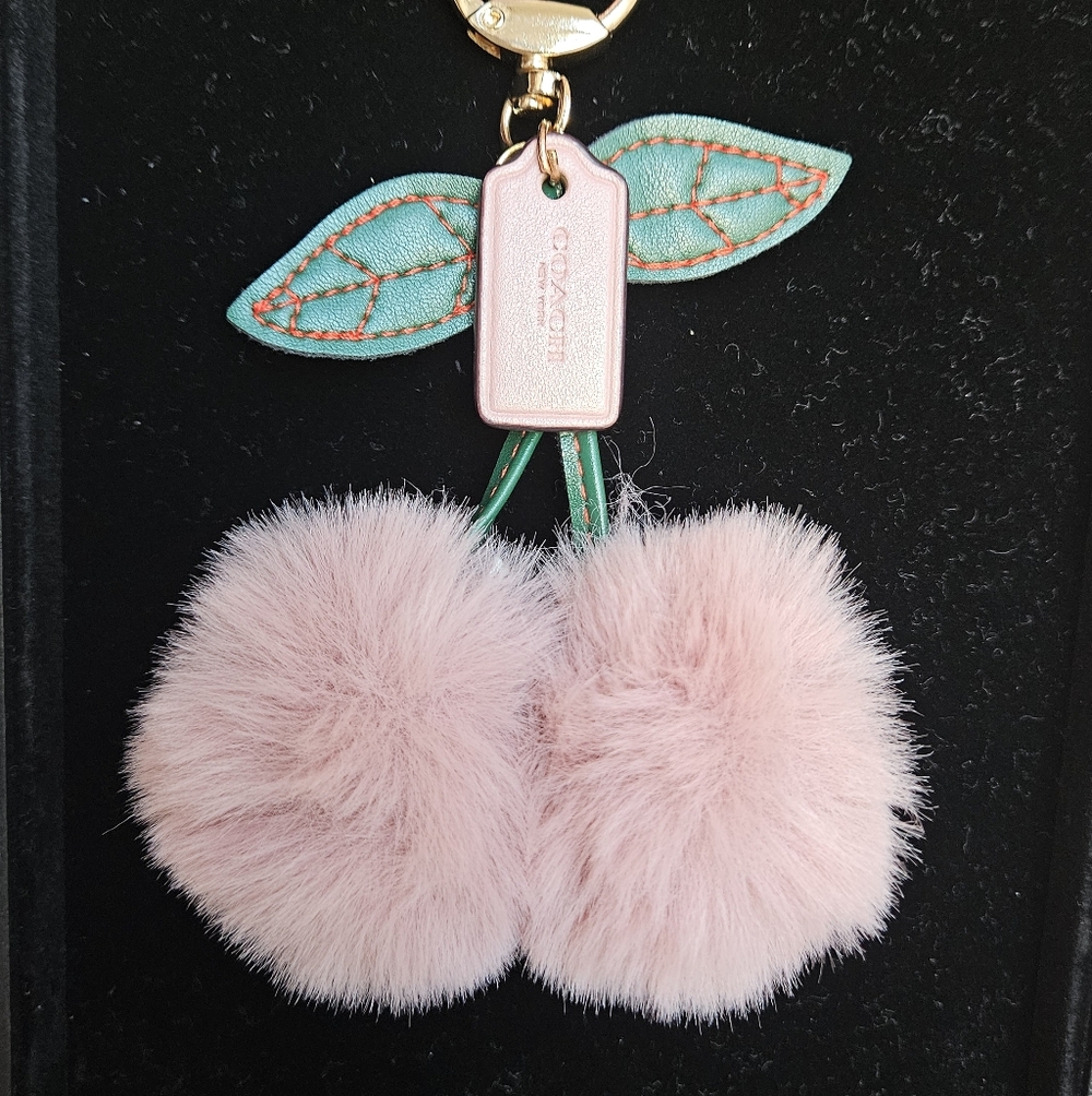 Coach Pink Leather Hang Tag w/ New Cherry Pom Pom Key Holder